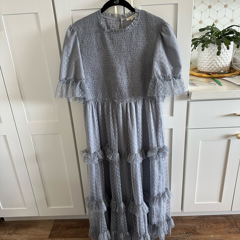 Tea n Rose Blue Smocked Top with Ruffle Trim